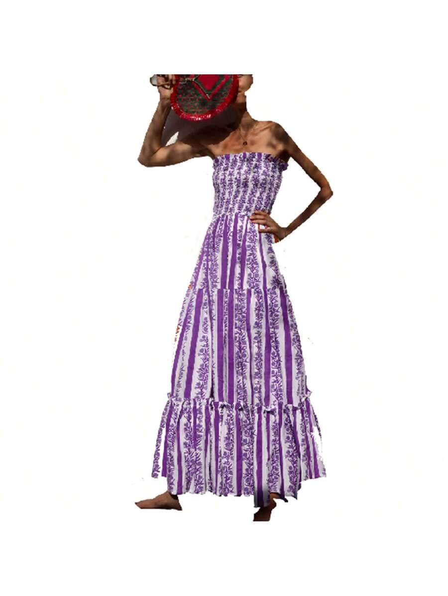 thumbnail image 6 of Green Striped Floral Strapless Maxi Sundress Flowy A-Line Beach Dress, 6 of 6
