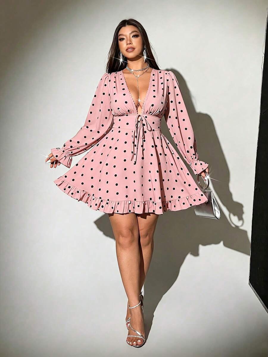thumbnail image 4 of Womens Pink Polka Dot Print Deep V-Neck Long Sleeve Ruffle Mini Dress, 4 of 7