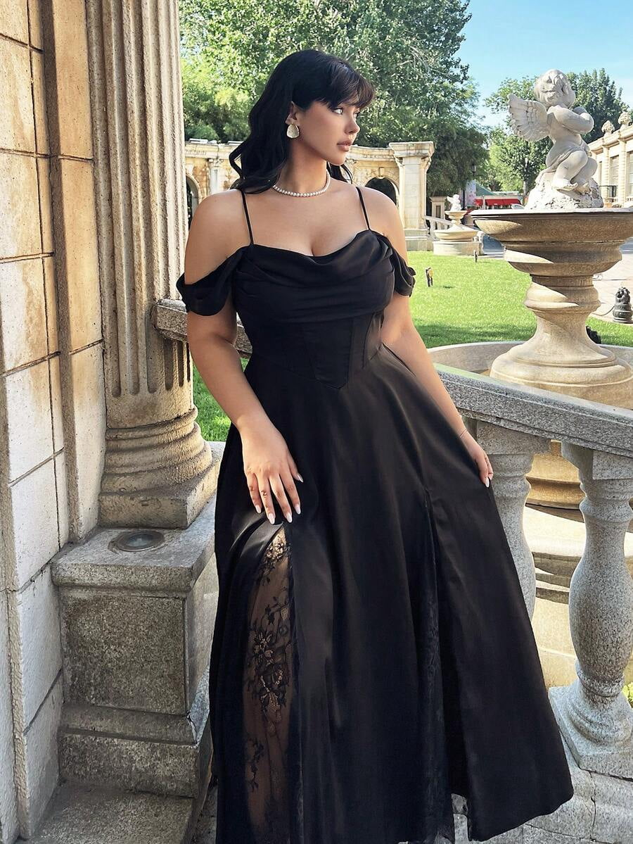 thumbnail image 4 of Black Satin And Lace Patchwork Maxi Dress With Spaghetti Straps, 4 of 8