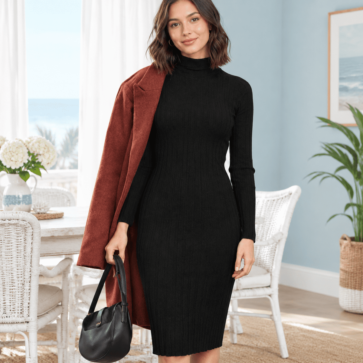 thumbnail image 6 of Black X-Small Women's Ribbed Knit Long Sleeve Mock Neck Bodycon Midi Dress, 6 of 8