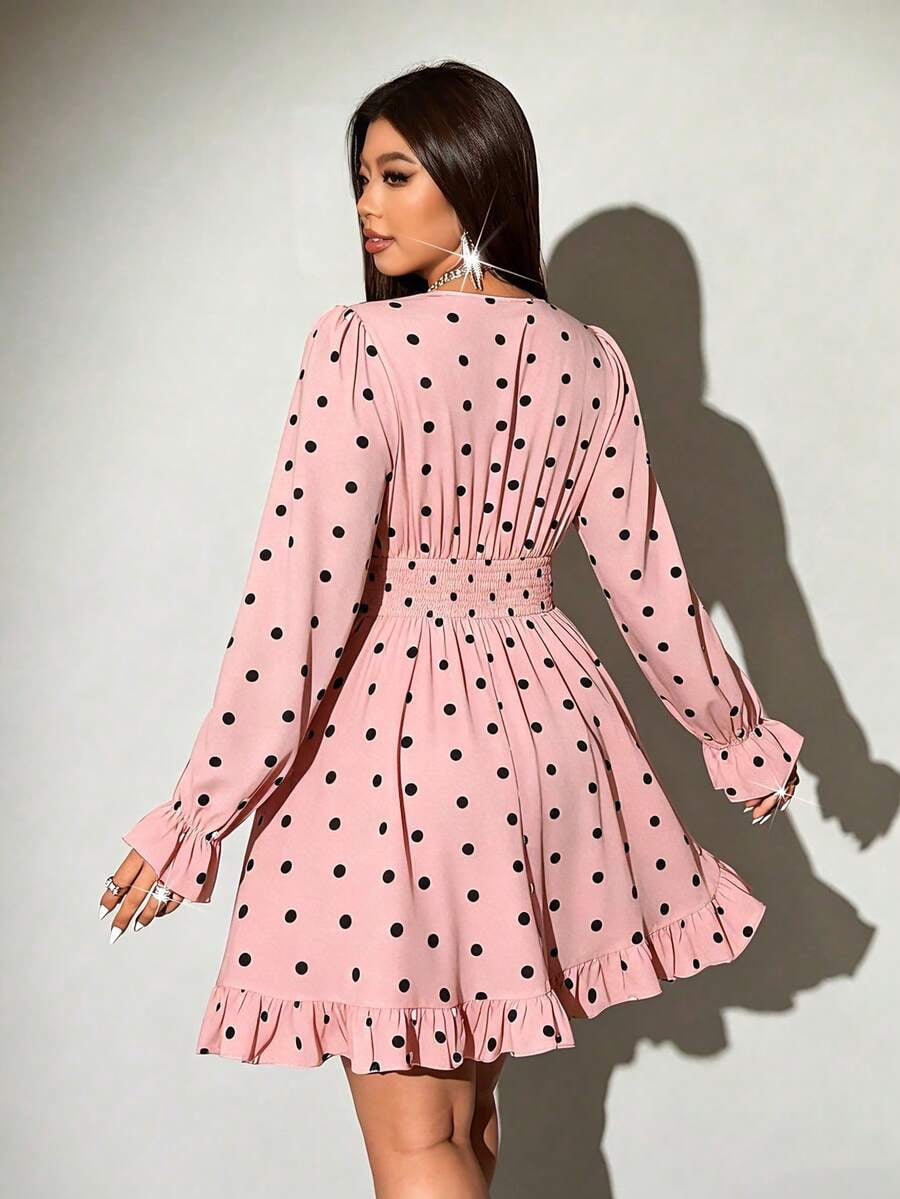 thumbnail image 6 of Womens Pink Polka Dot Print Deep V-Neck Long Sleeve Ruffle Mini Dress, 6 of 7