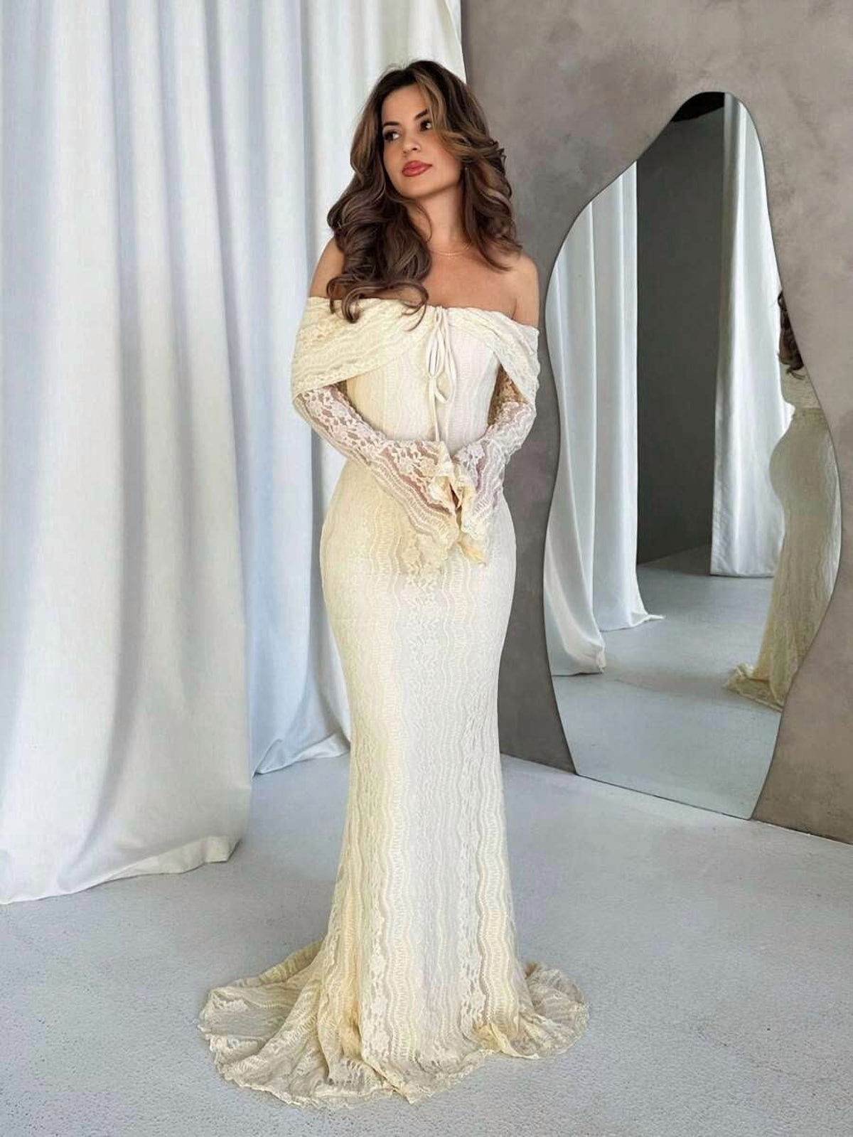 thumbnail image 3 of Womens Elegant Off-Shoulder White Lace Long Sleeve Mermaid Dress, Suitable, 3 of 6