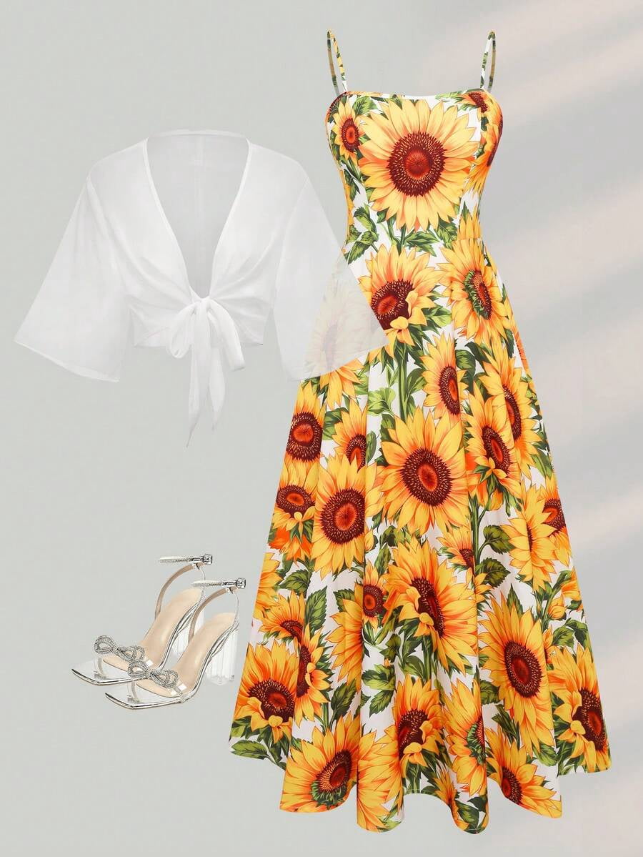 thumbnail image 3 of Multicolor Womens Elegant Sunflower Print Chiffon Dress with Shawl Wrap, 3 of 11