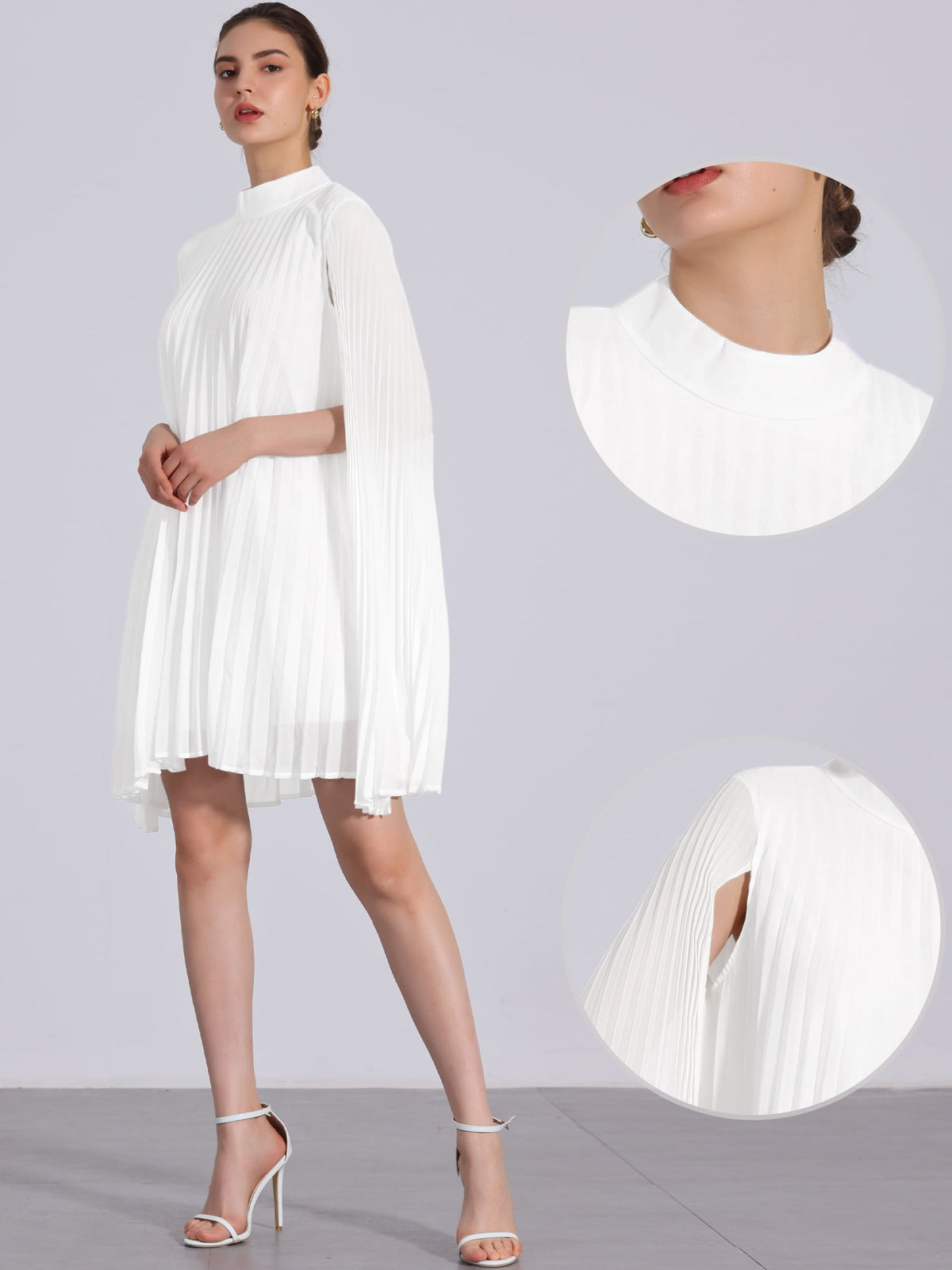 thumbnail image 2 of DARING DIVA Flowy Cloak Sleeve Cape Pleated Chiffon Dress S White, 2 of 6