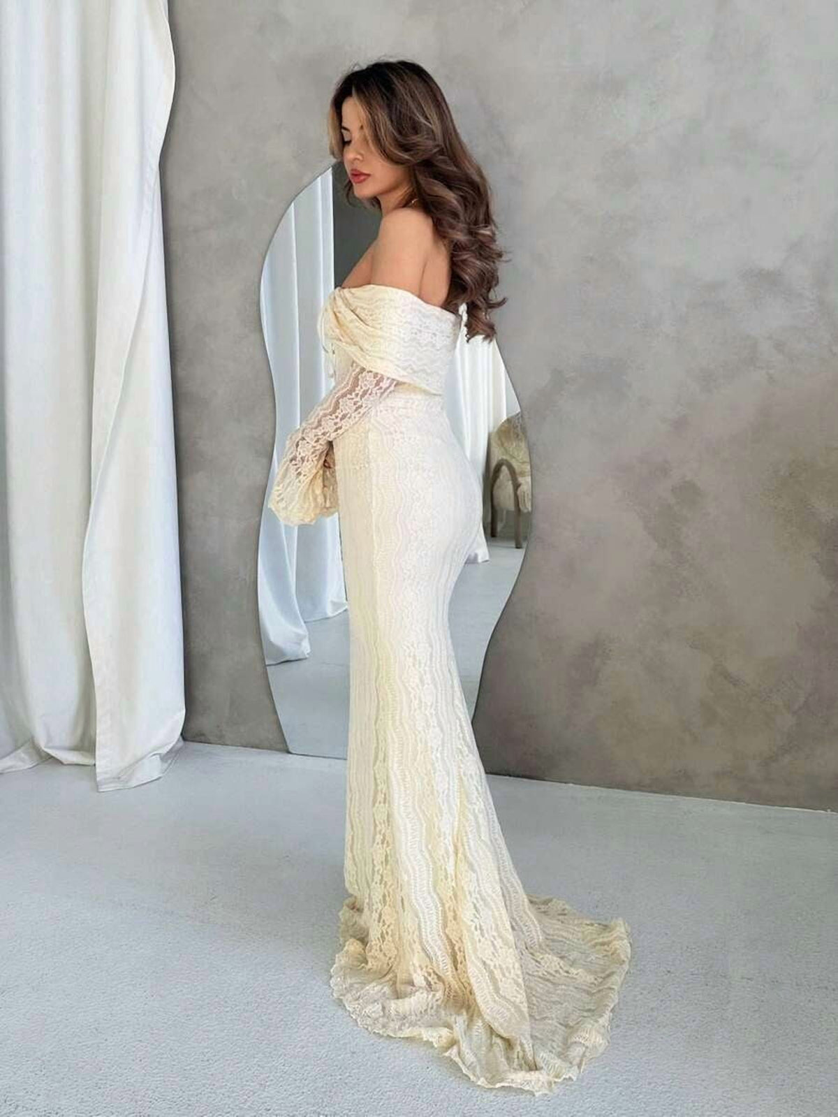 thumbnail image 4 of Womens Elegant Off-Shoulder White Lace Long Sleeve Mermaid Dress, Suitable, 4 of 6