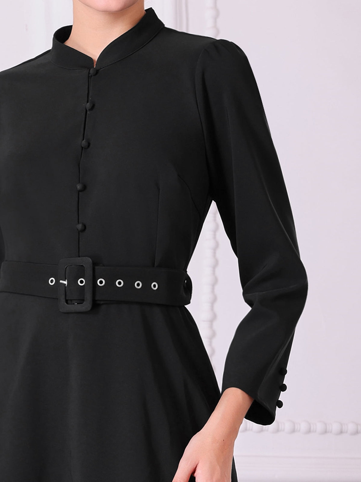 thumbnail image 4 of DARING DIVA Long Sleeve Flare Mock Neck Belted Church Dress XL Black, 4 of 6