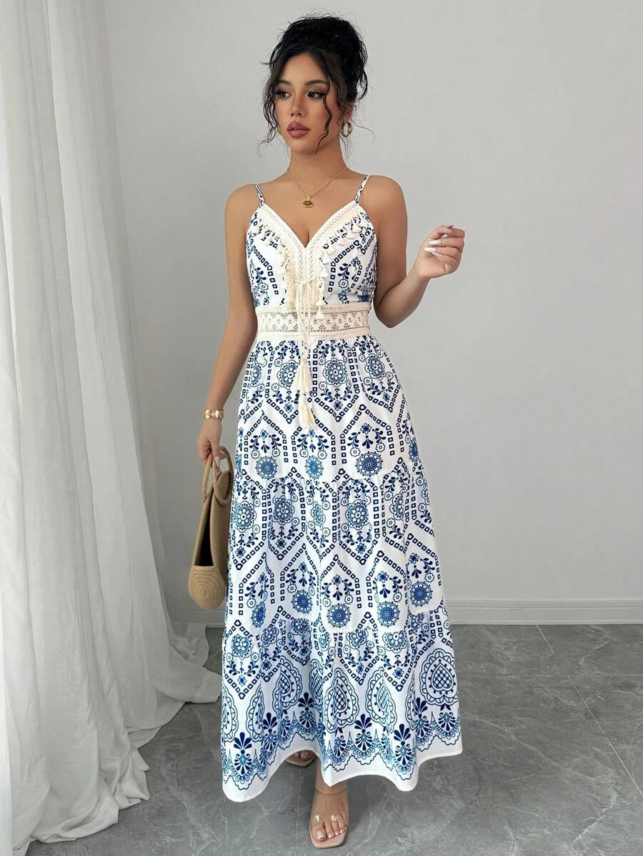 thumbnail image 6 of Womens Blue and White Boho V-Neck Tiered Maxi Dress With Lace & Tassel, 6 of 19