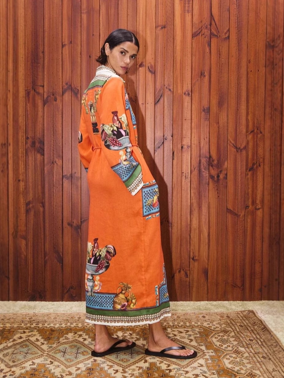 thumbnail image 3 of 2026 New Women's Cotton-Linen Printed Long Dress with Suit Collar, 3 of 6