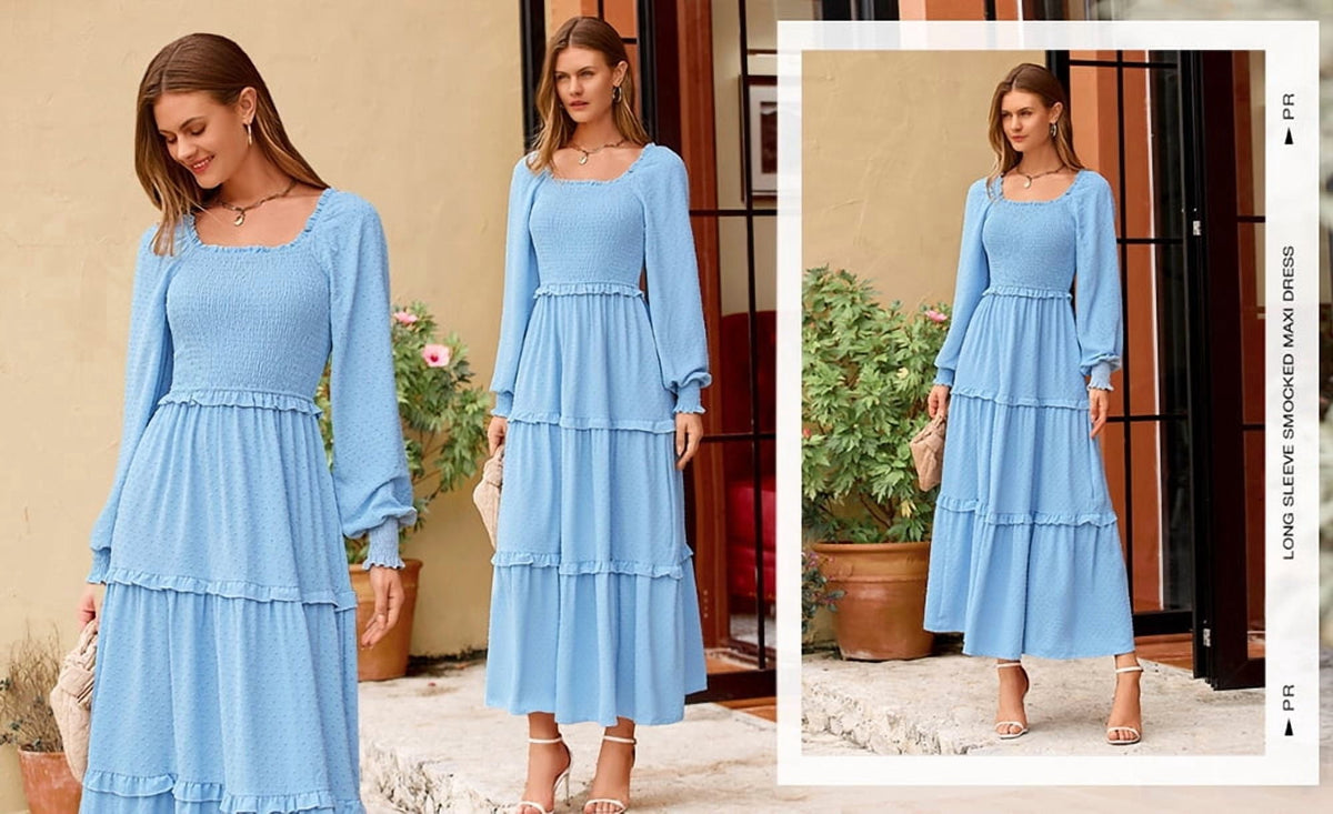 thumbnail image 5 of PRETTYGARDEN Women's Spring Long Sleeve Smocked Maxi Dress Casual Square Neck Swiss Dot Tiered Ruffle Flowy Pocket Dresses, 5 of 10