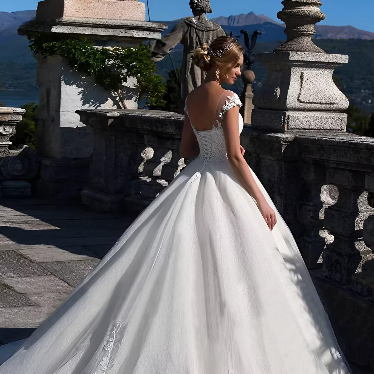 thumbnail image 2 of Long Sleeve Wedding Dress for Bride 2026 Off Shoulder Lace Appliques V Neck Tulle Bridal Ball Gowns with Train, 2 of 6