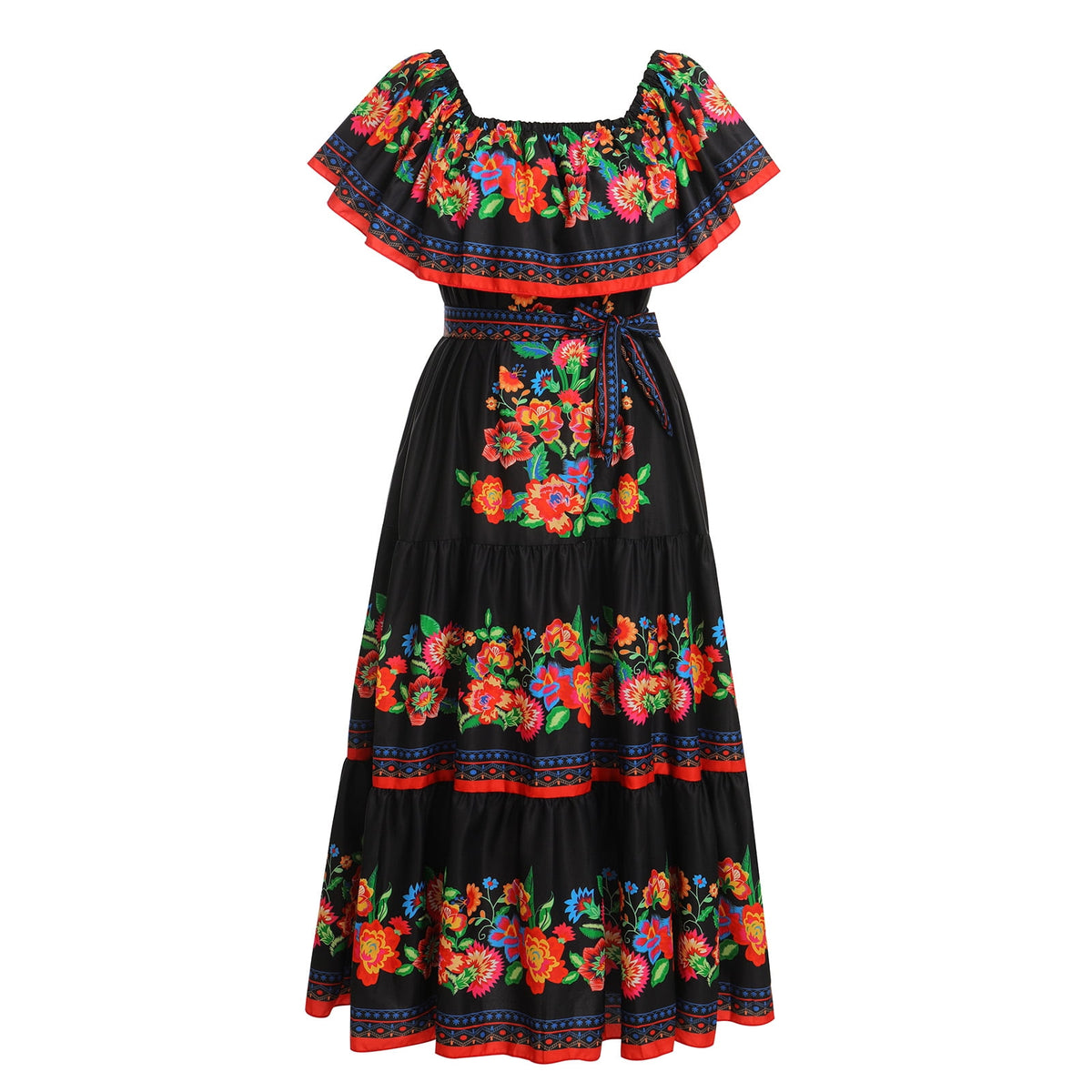thumbnail image 3 of IBTOM CASTLE Women's Mexican Dress Floral Print Smocked Traditional Wear Off Shoulder Beach Holiday Party Long Maxi Dresses L Black, 3 of 8