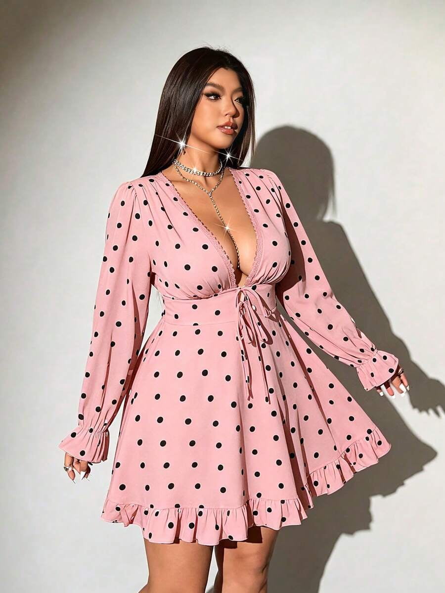 thumbnail image 5 of Womens Pink Polka Dot Print Deep V-Neck Long Sleeve Ruffle Mini Dress, 5 of 7