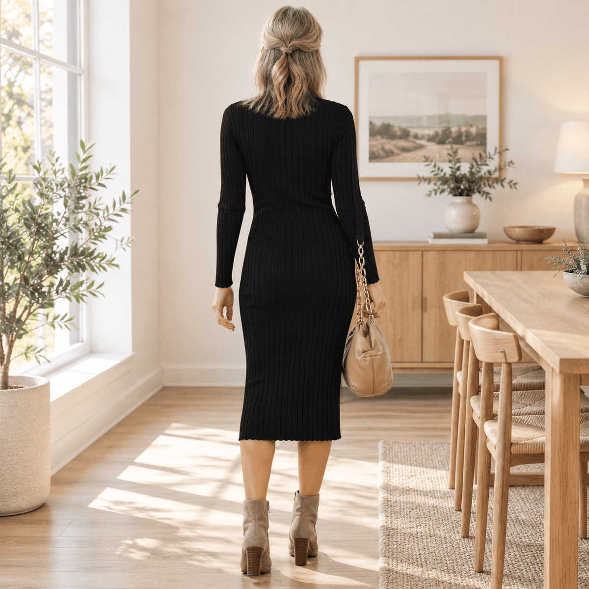 thumbnail image 3 of Black X-Small Women's Ribbed Knit Long Sleeve Mock Neck Bodycon Midi Dress, 3 of 8