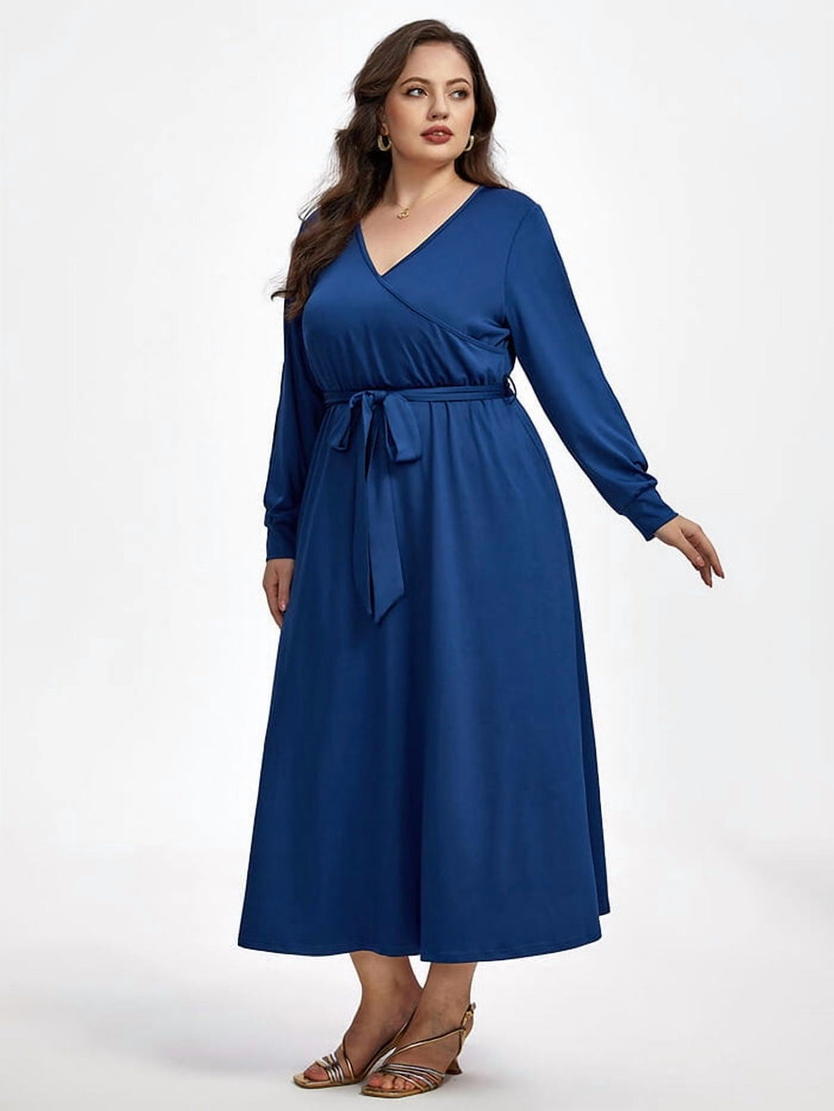 thumbnail image 5 of CurveSoul Plus Size Crisscross V-Neck Hollow Out Lantern Sleeve Pocket Tie Front Maxi Dress, 5 of 6
