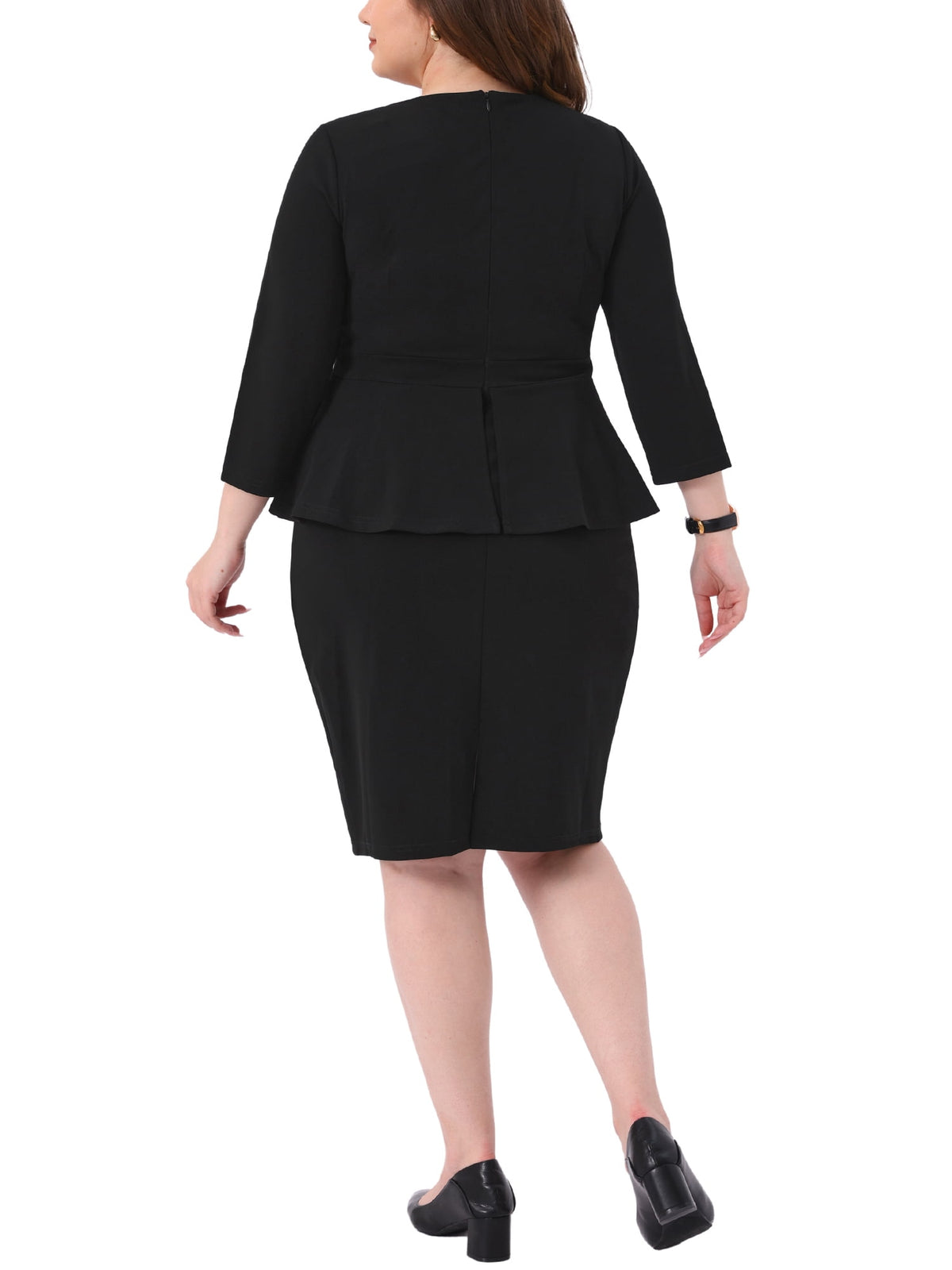 thumbnail image 3 of Agnes Orinda Women's Plus Size Peplum Pencil Dress Crew Neck 3/4 Sleeve Flared Sheath Office Business Dresses 1X Black, 3 of 6