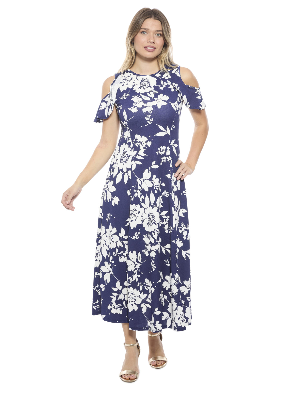 thumbnail image 1 of 24seven Comfort Apparel Womens Floral Ruffle Sleeve Cold Shoulder A Line Maxi Dress, 1 of 4