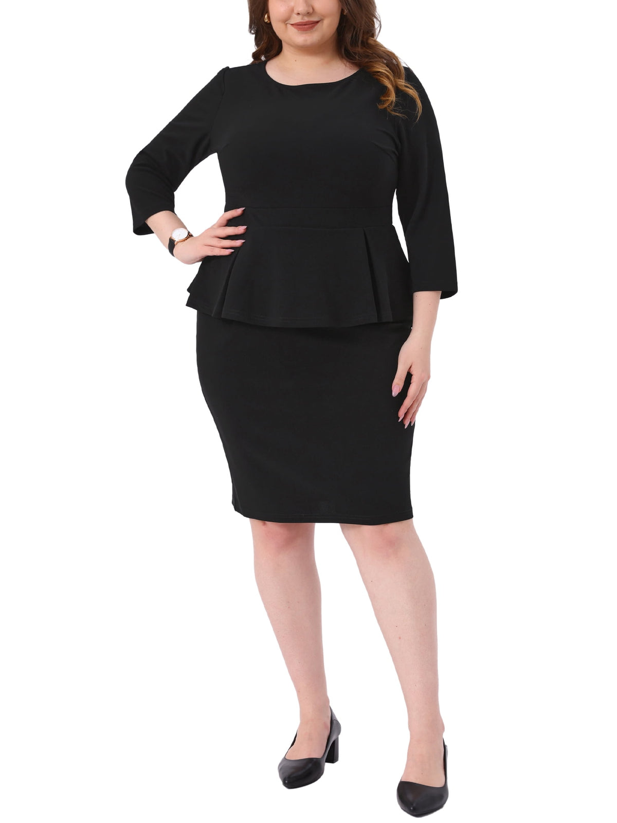 thumbnail image 2 of Agnes Orinda Women's Plus Size Peplum Pencil Dress Crew Neck 3/4 Sleeve Flared Sheath Office Business Dresses 1X Black, 2 of 6