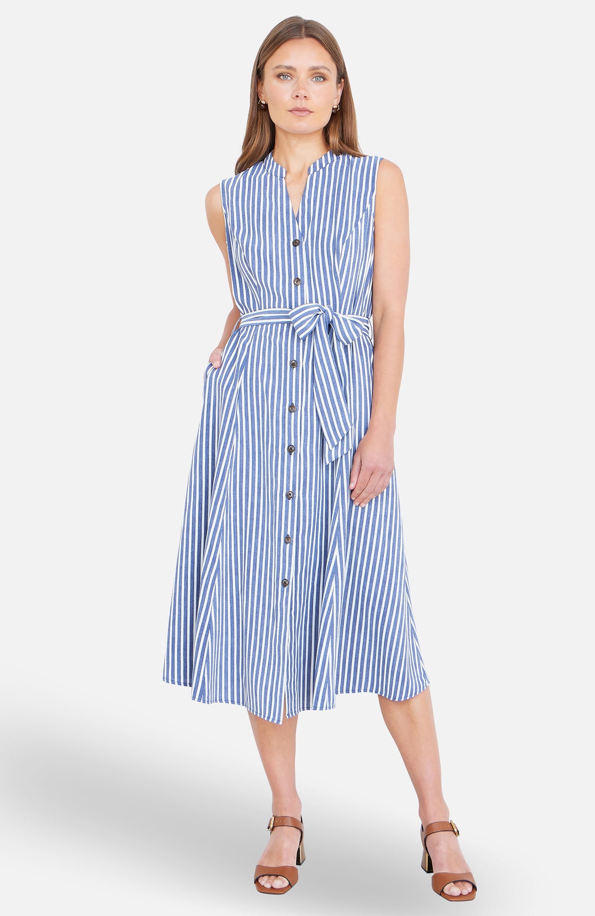 thumbnail image 3 of Yumi Stripe Midi Sleeveless Shirt Dress - Navy, 4, 3 of 4