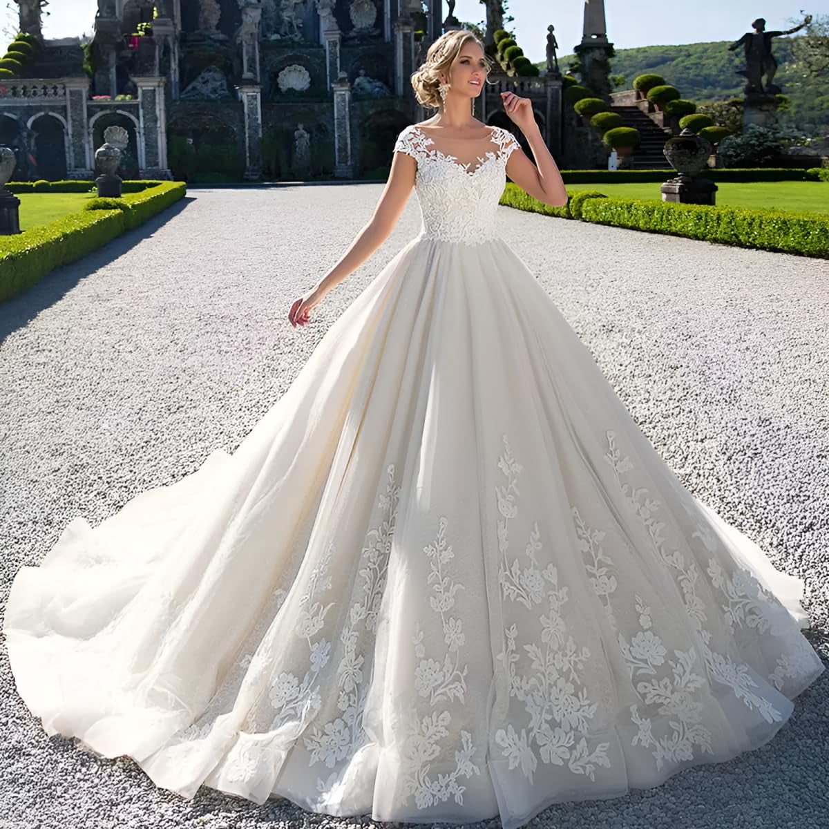 thumbnail image 5 of Long Sleeve Wedding Dress for Bride 2026 Off Shoulder Lace Appliques V Neck Tulle Bridal Ball Gowns with Train, 5 of 6