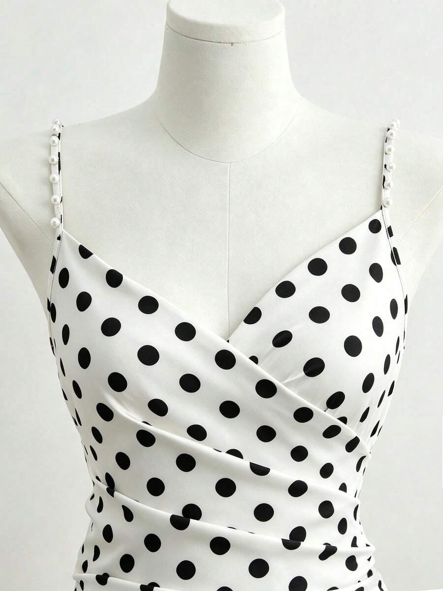 thumbnail image 4 of Womens Black and White Polka Dot Satin Slip Dress, Beaded Spaghetti Strap, 4 of 5