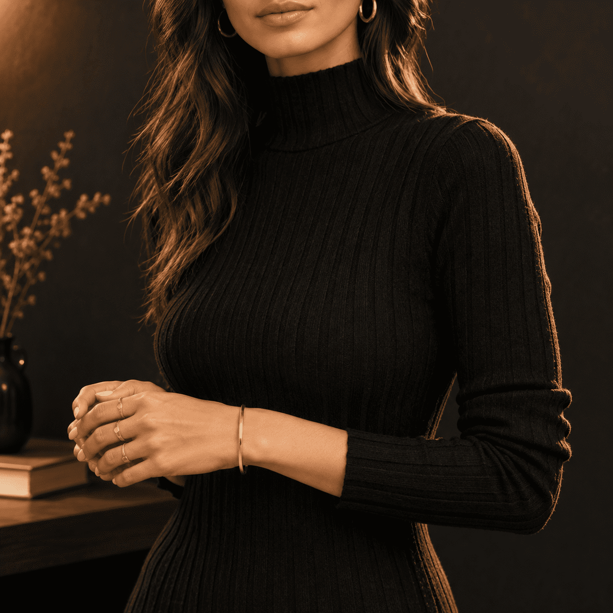 thumbnail image 5 of Black X-Small Women's Ribbed Knit Long Sleeve Mock Neck Bodycon Midi Dress, 5 of 8