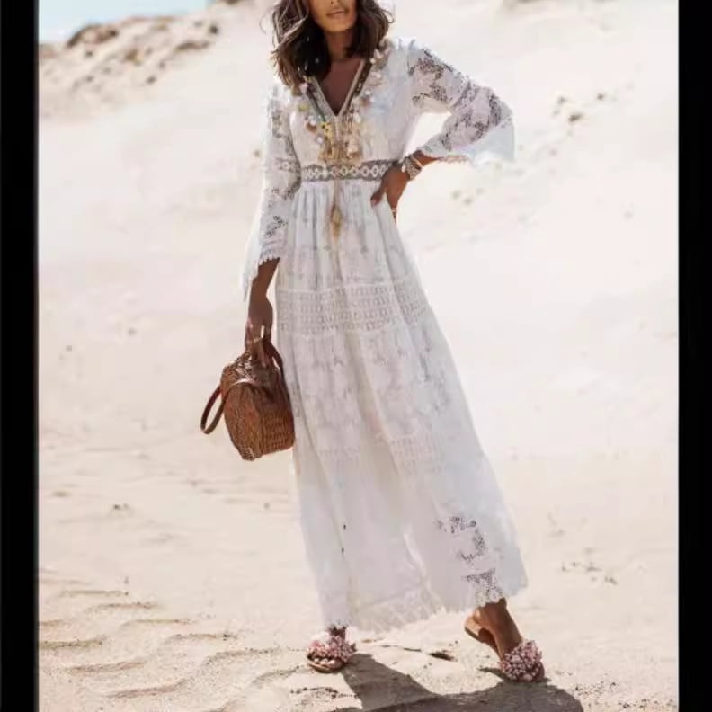 thumbnail image 3 of Bohemian-style Lace Deep V-Neck Flare Sleeve Vacation Long Dress, 3 of 6