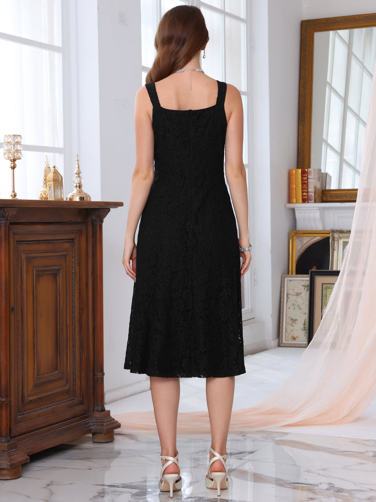 thumbnail image 4 of DARING DIVA Women's Lace Prom Straps Square Neck Sleeveless Midi Dress S Black, 4 of 6