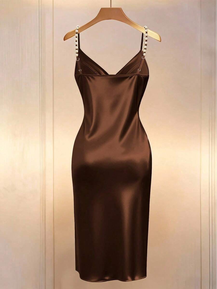 thumbnail image 2 of Womens Brown Satin Slip Dress, Elegant Beaded Spaghetti Strap Cross Neck, 2 of 5