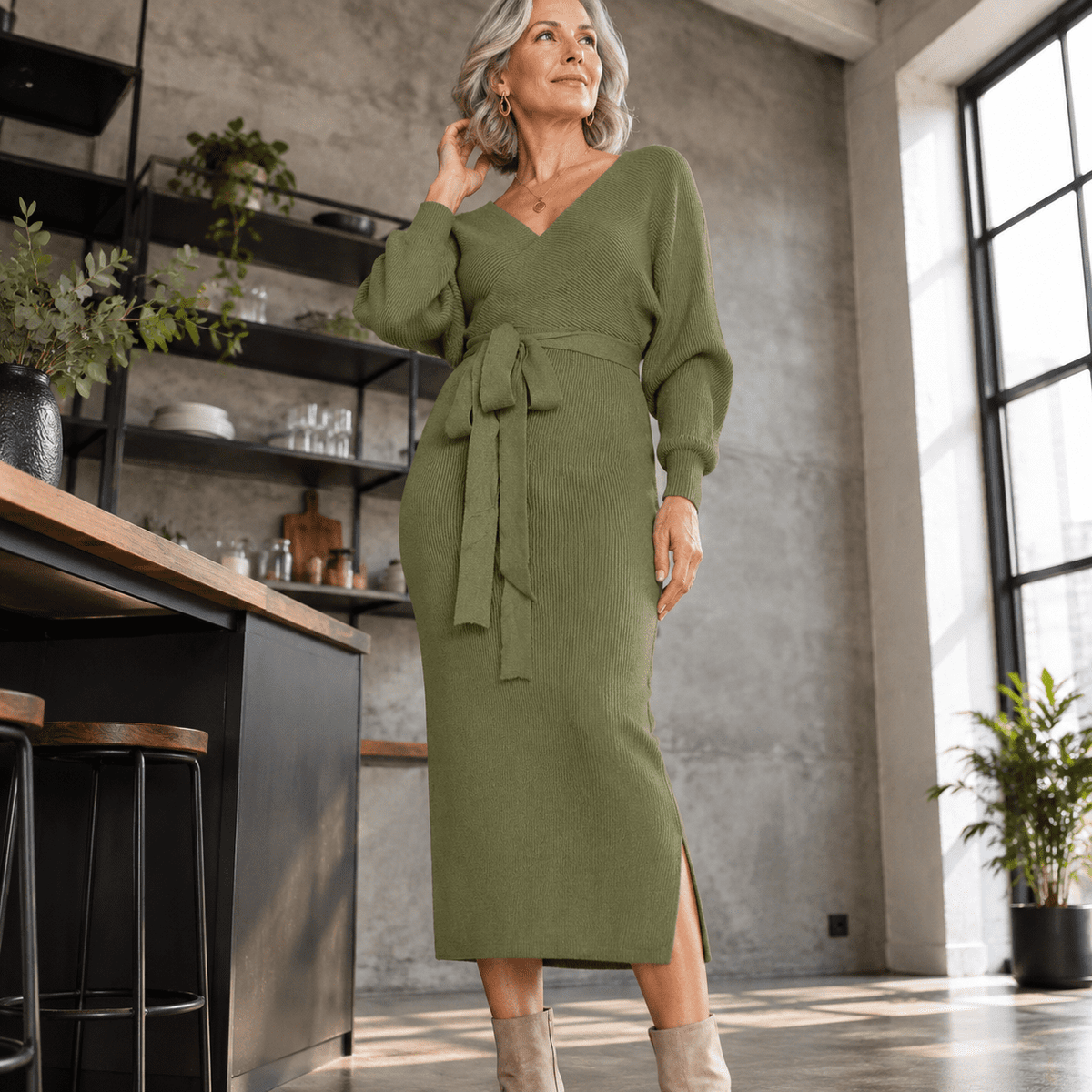 thumbnail image 4 of Womens Maxier Dress Long Sleeve Batwing Wrap V Neck Fall Dresses, 4 of 6