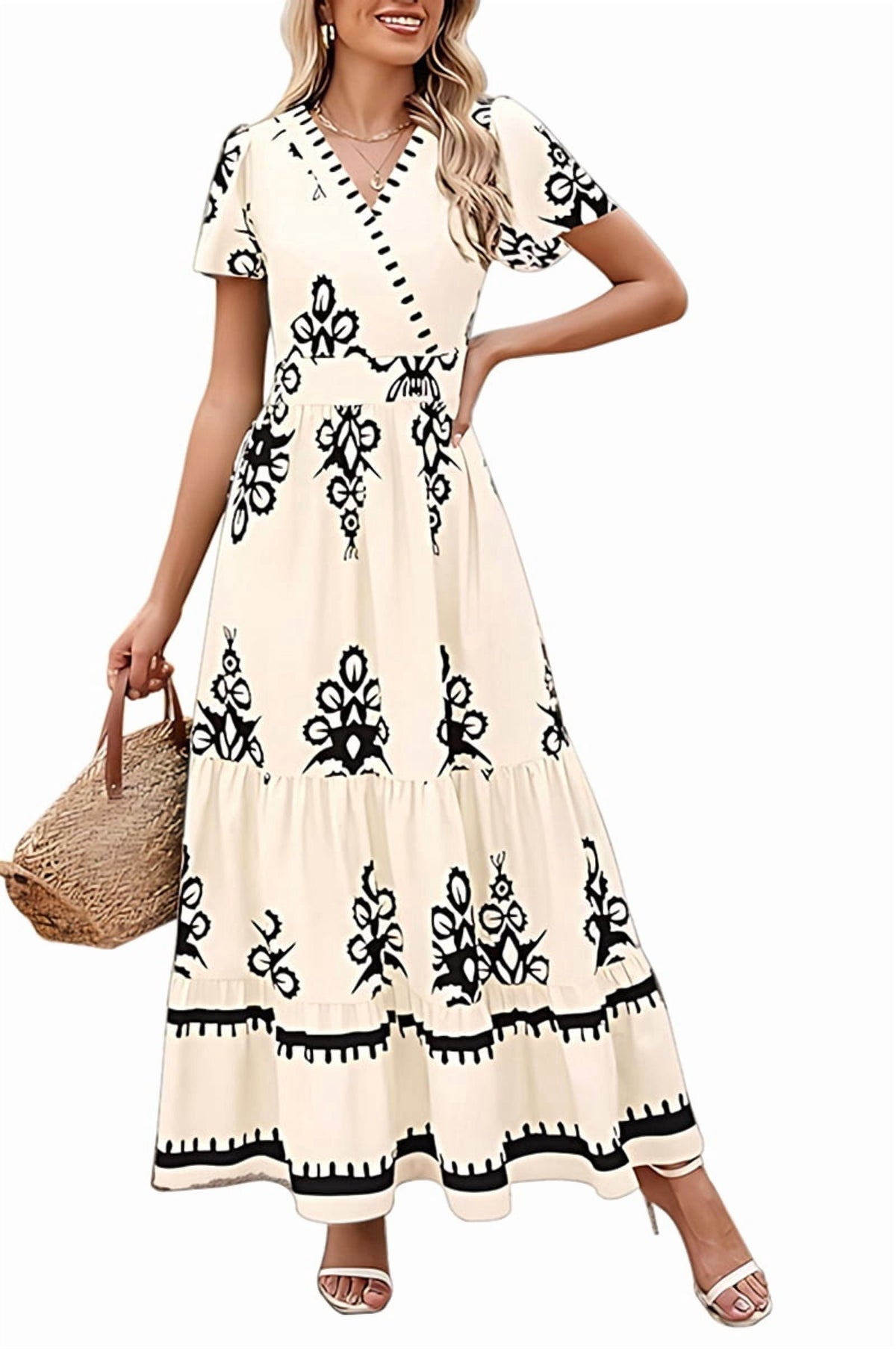thumbnail image 2 of Womens 2025 Summer Casual V Neck Boho Maxi Dress Flowy Aline Bell Sleeve Tiered Floral Dresses with Pocket L, 2 of 7