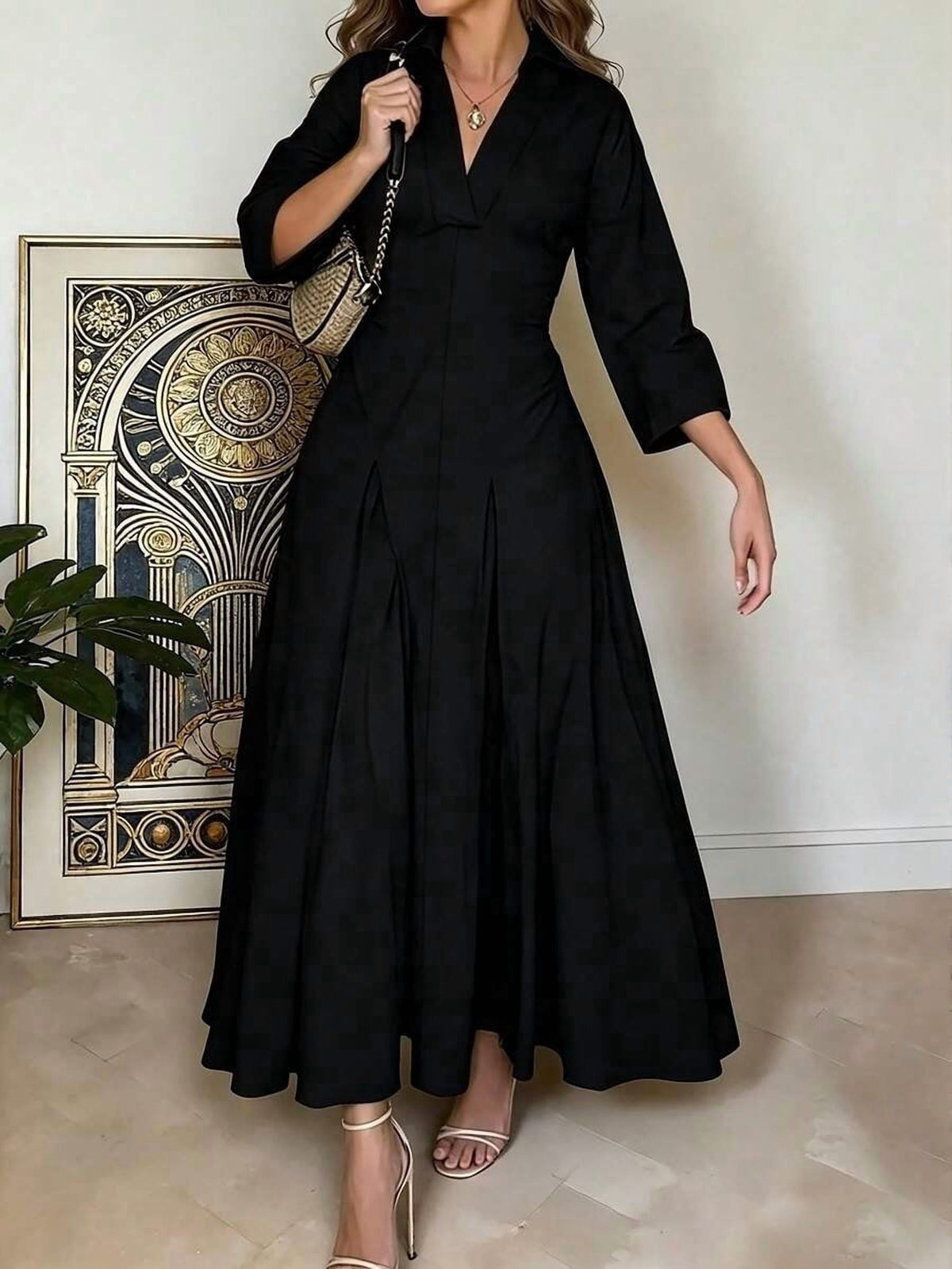 thumbnail image 2 of Black Womens Long Sleeve V-Neck Dress - Elegant Lapel Collar Flare Hem Maxi, 2 of 8