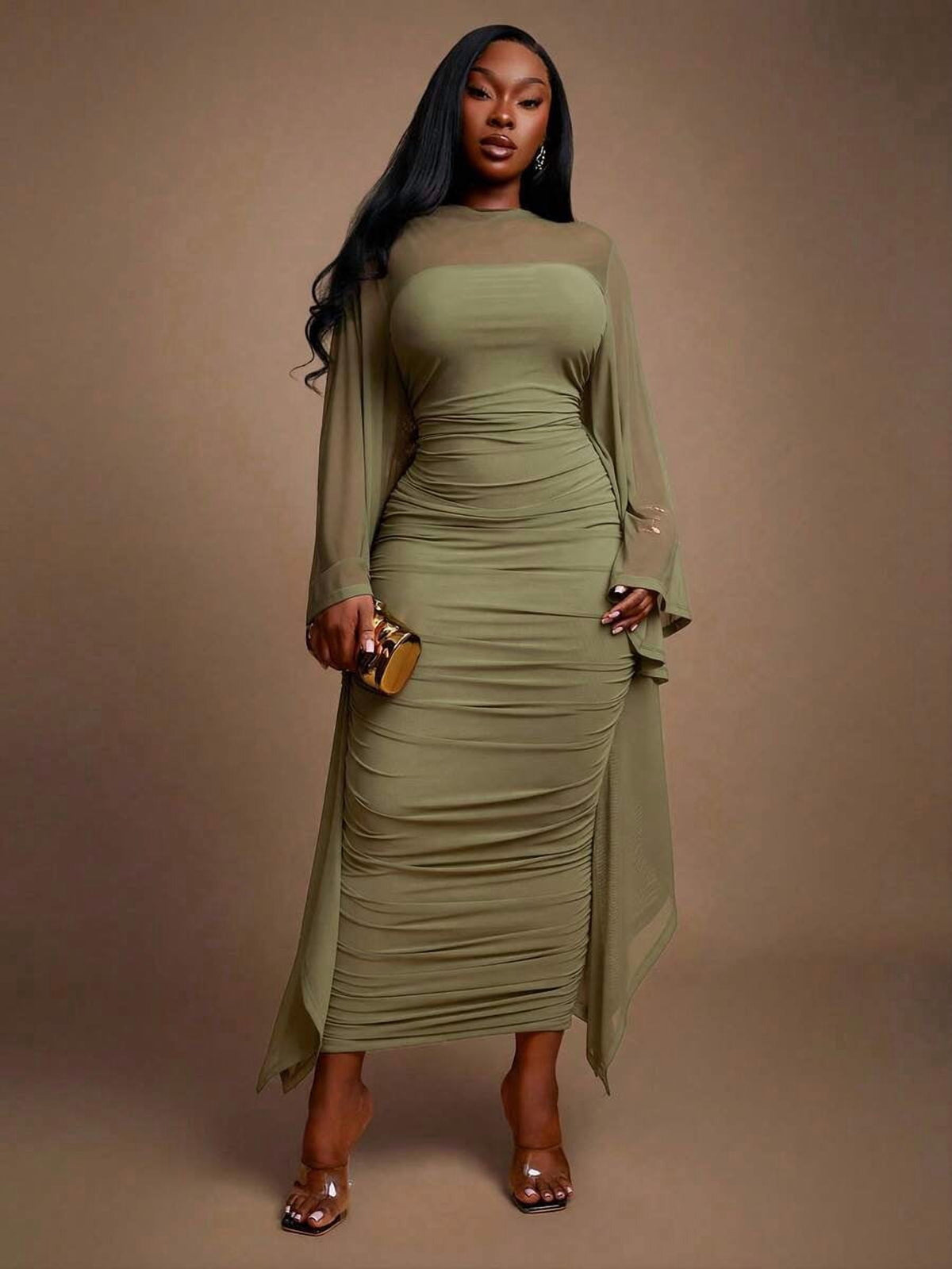 thumbnail image 4 of Womens Green Ruched Long Sleeve Sheath Dress With Kimono Sleeve, 4 of 6