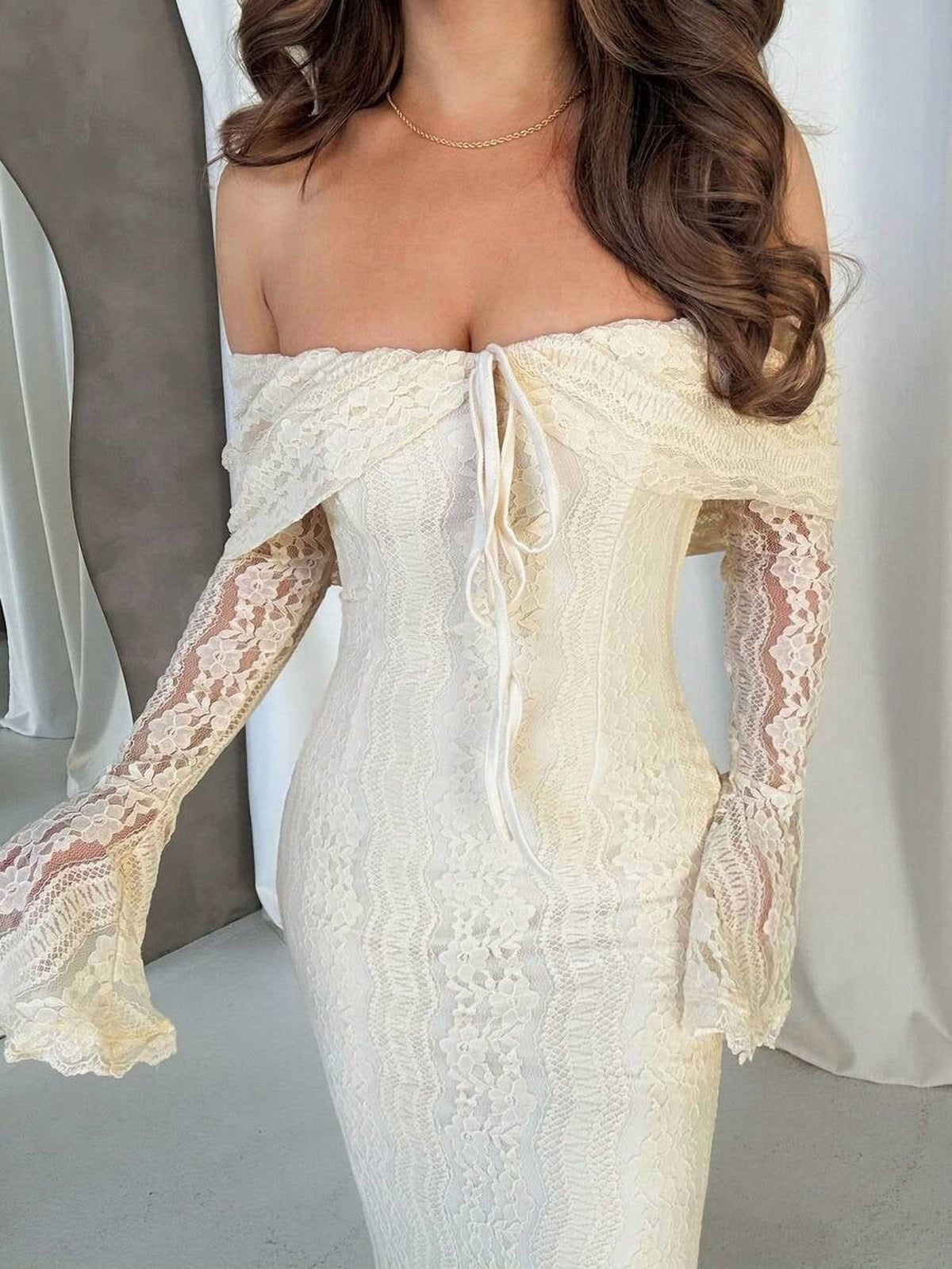 thumbnail image 6 of Womens Elegant Off-Shoulder White Lace Long Sleeve Mermaid Dress, Suitable, 6 of 6