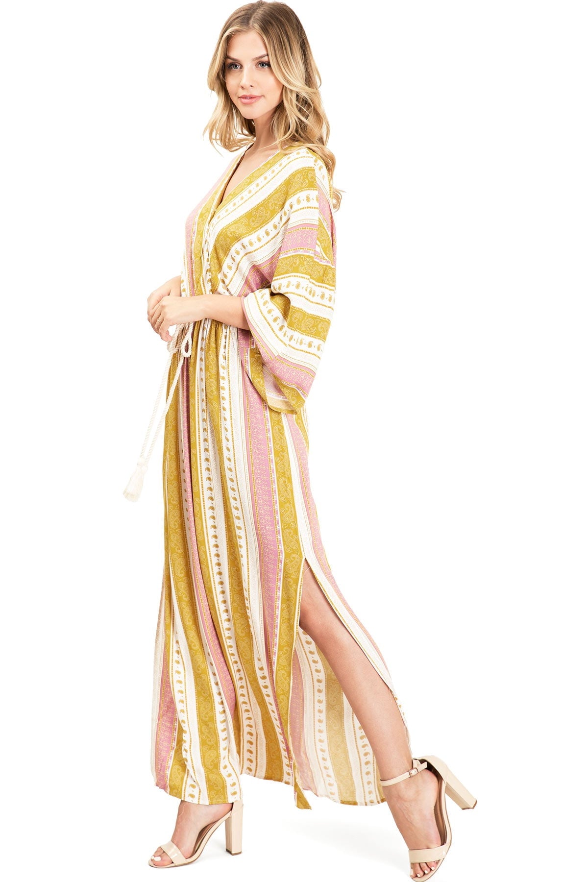 thumbnail image 3 of Dress Forum Women's Boho Long Maxi Dress w Kimono Sleeves (Mustard, Small), 3 of 4