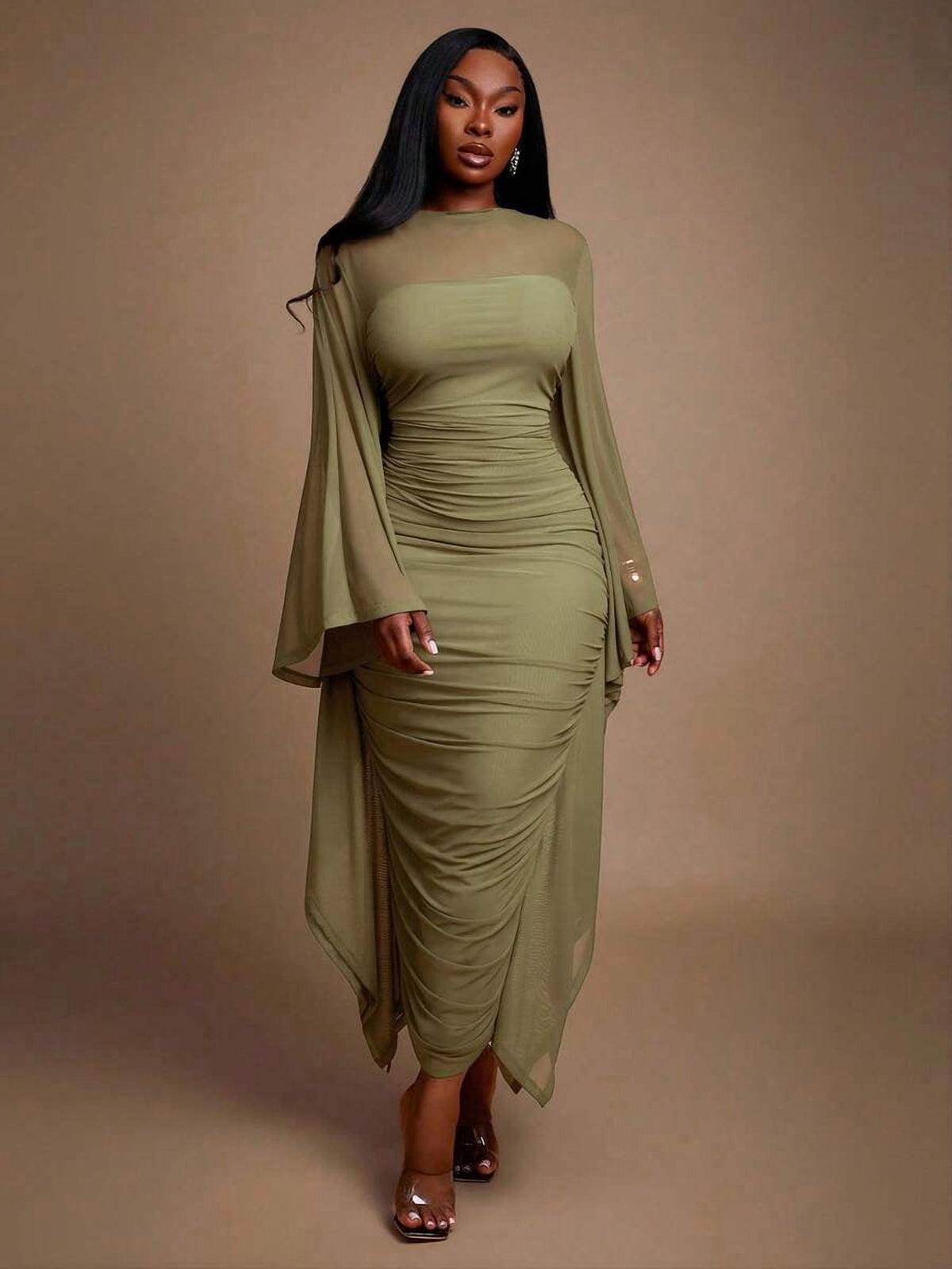 thumbnail image 6 of Womens Green Ruched Long Sleeve Sheath Dress With Kimono Sleeve, 6 of 6