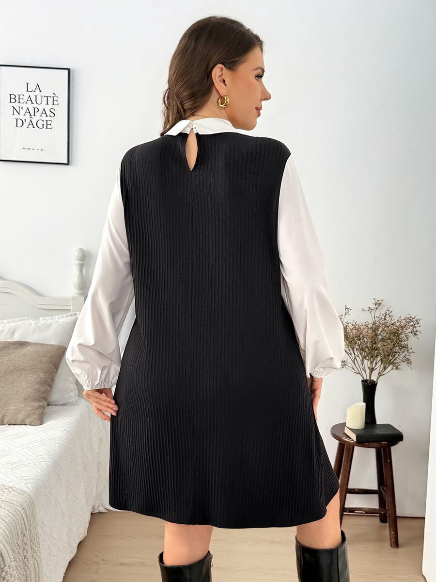 thumbnail image 2 of Black And White Color-Blocked Collar Long Sleeve Dress, 2 of 6