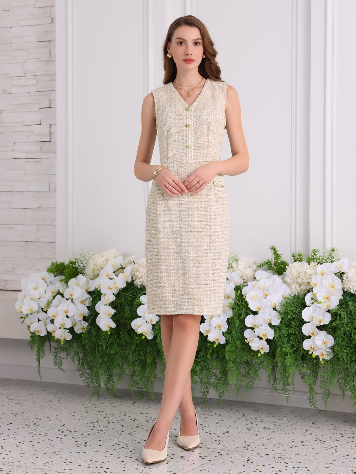 thumbnail image 2 of DARING DIVA Women's Sleeveless V Neck Button Decor Pencil Dresses XL Beige, 2 of 6