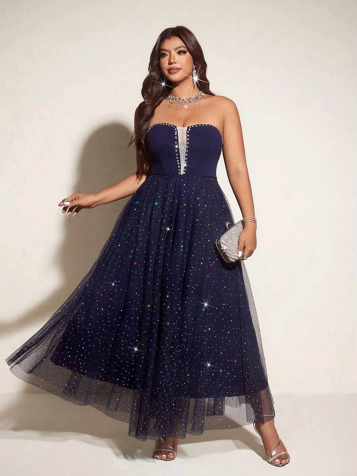 thumbnail image 5 of Plus Size Blue Strapless Starry Sky Rhinestone Evening Gown, 5 of 7
