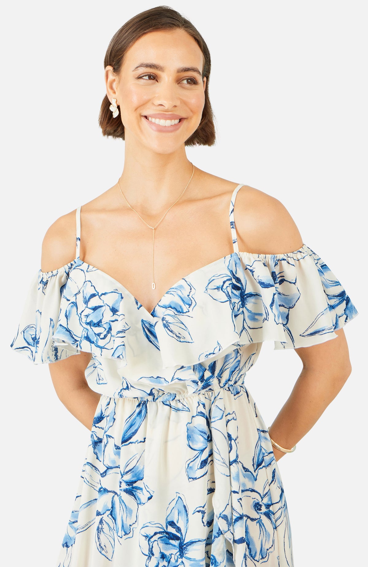 thumbnail image 4 of Yumi Floral Print Bardot Midi Dress - White, 4, 4 of 5