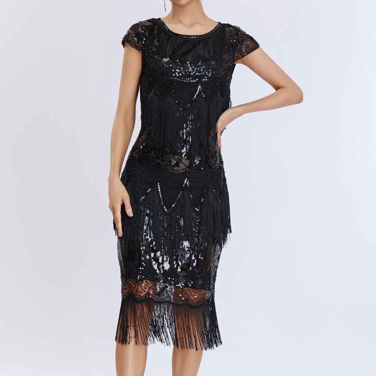 thumbnail image 6 of Boho Maxi Dress Dgankt 20s Vintage Inspired Sequin Embellished Fringe Long Dress Round-Neck Knee-High Dress, 6 of 8