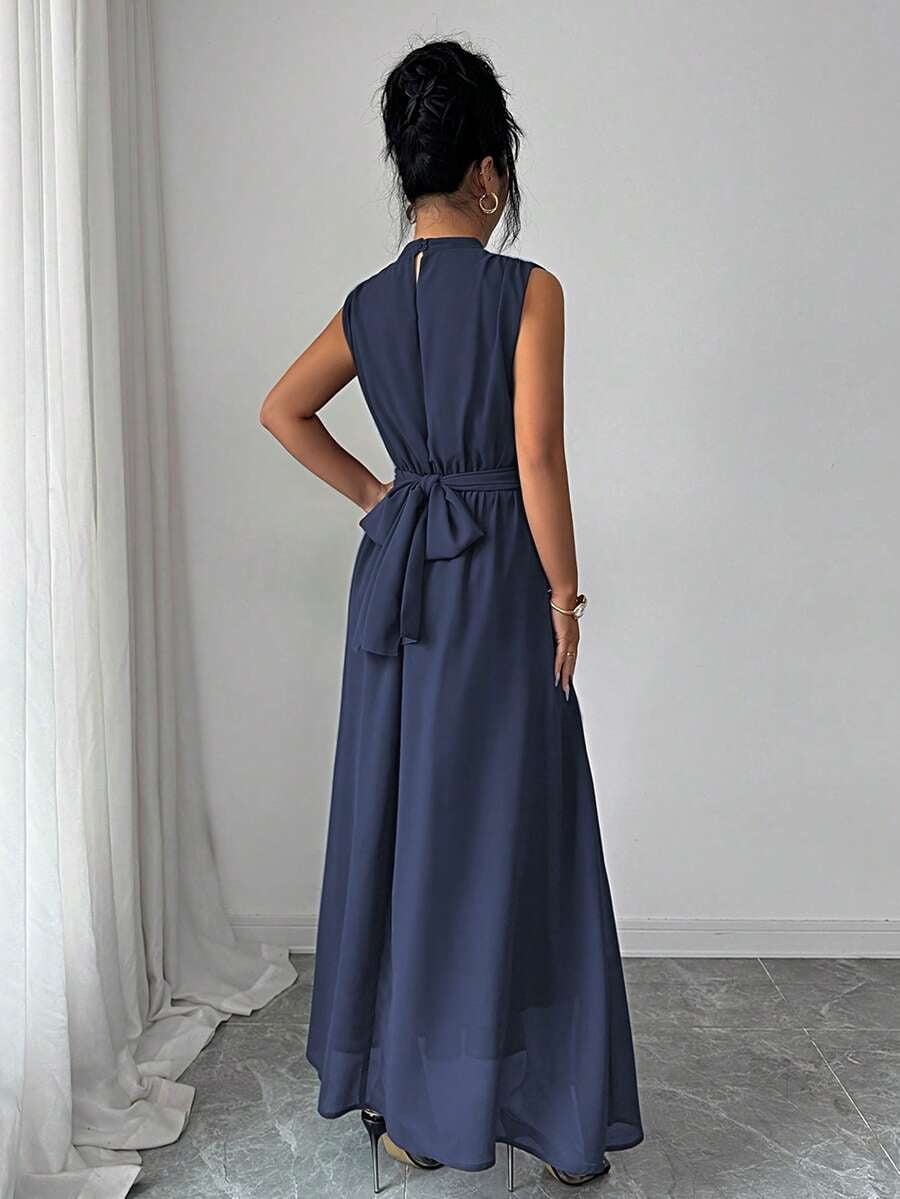 thumbnail image 2 of Womens Blue Sleeveless High Neck Chiffon Maxi Dress With Waist Bow Detail, 2 of 8