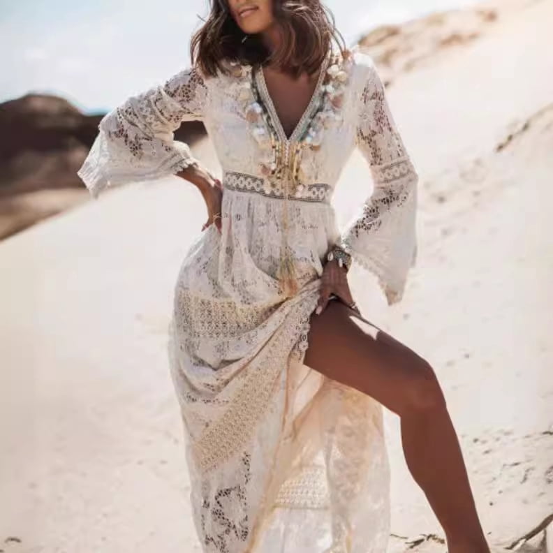 thumbnail image 5 of Bohemian-style Lace Deep V-Neck Flare Sleeve Vacation Long Dress, 5 of 6