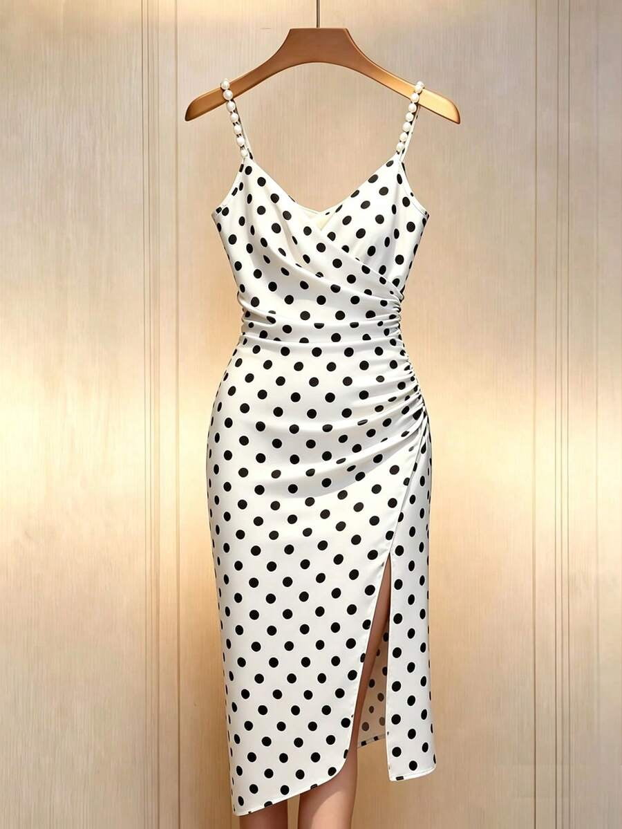 thumbnail image 3 of Womens Black and White Polka Dot Satin Slip Dress, Beaded Spaghetti Strap, 3 of 5