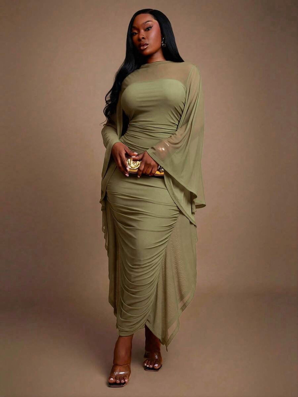 thumbnail image 3 of Womens Green Ruched Long Sleeve Sheath Dress With Kimono Sleeve, 3 of 6