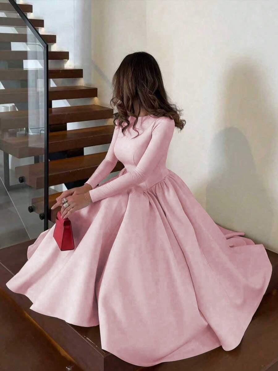 thumbnail image 5 of Women Pink Long Sleeve Midi Dress Pleated A-Line Swing Evening Party Formal, 5 of 10