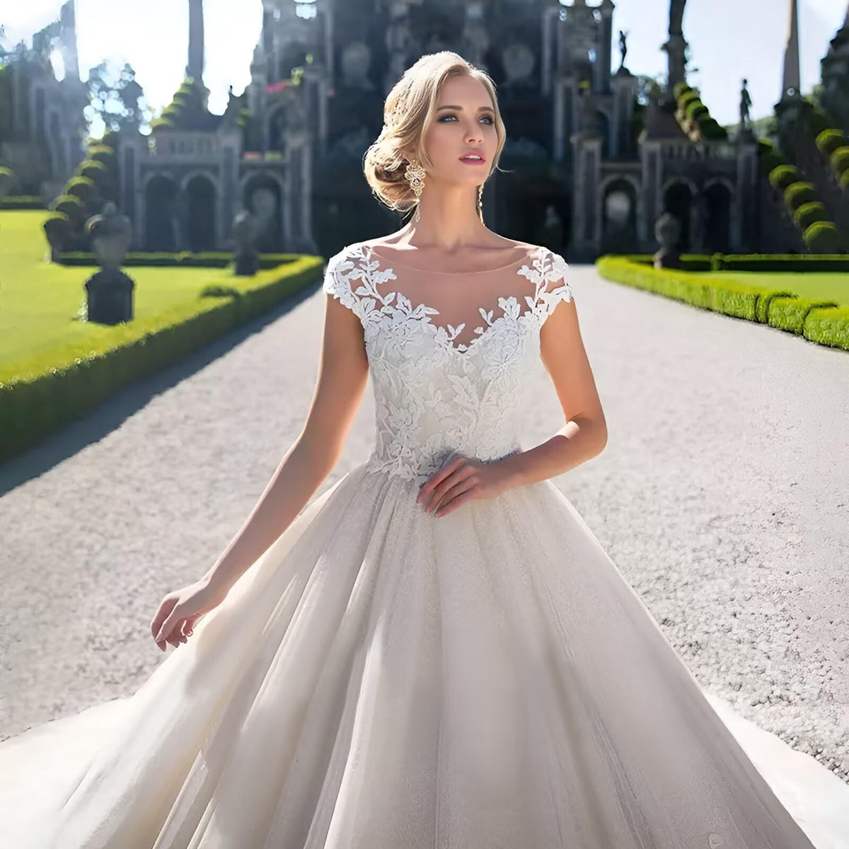 thumbnail image 3 of Long Sleeve Wedding Dress for Bride 2026 Off Shoulder Lace Appliques V Neck Tulle Bridal Ball Gowns with Train, 3 of 6