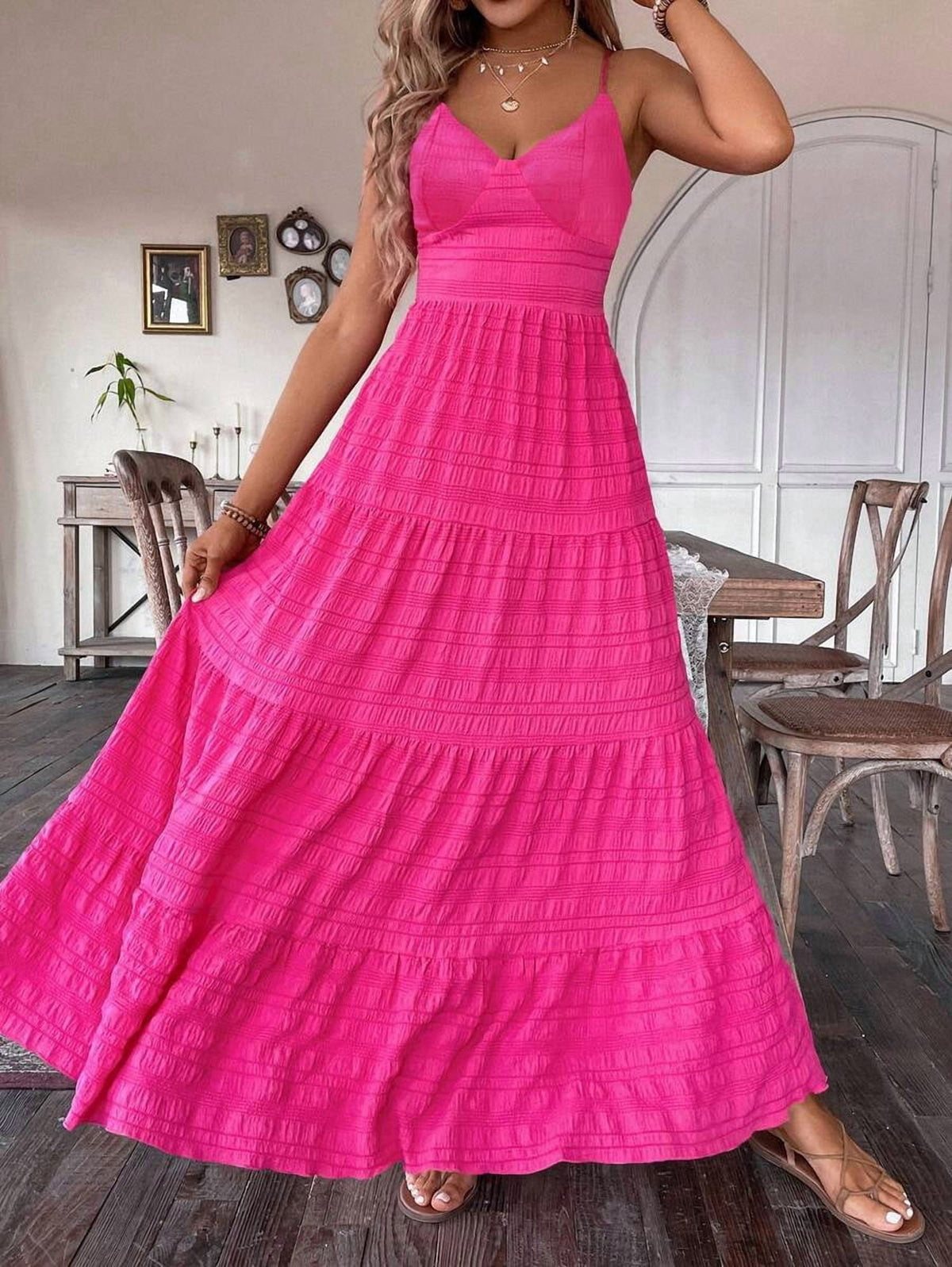 thumbnail image 6 of Hot Pink V-Neck Maxi Dress With Back Bow Tie And Tiered Skirt For Women, 6 of 30