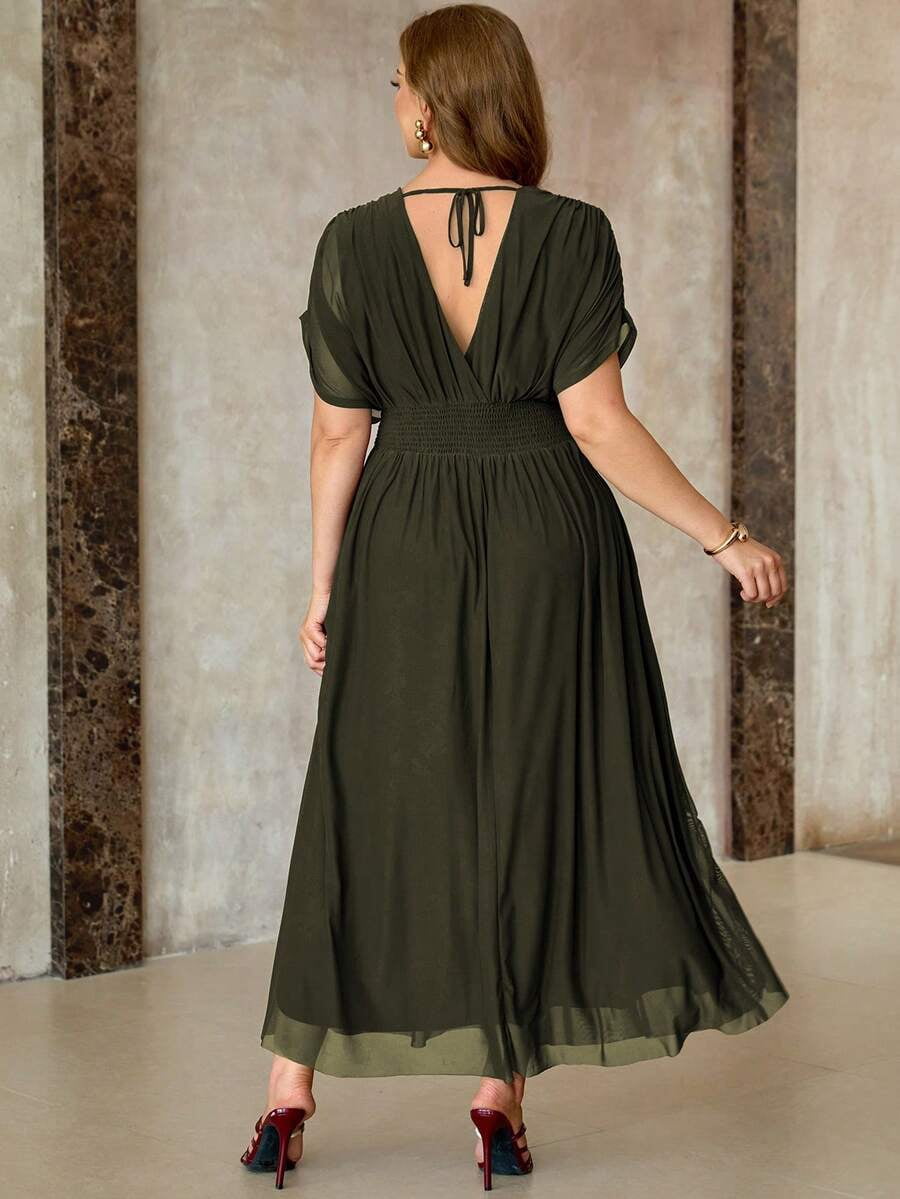 thumbnail image 2 of Plus Size Green V-Neck Short Sleeve Pleated A-Line Maxi Dress with Elastic, 2 of 7