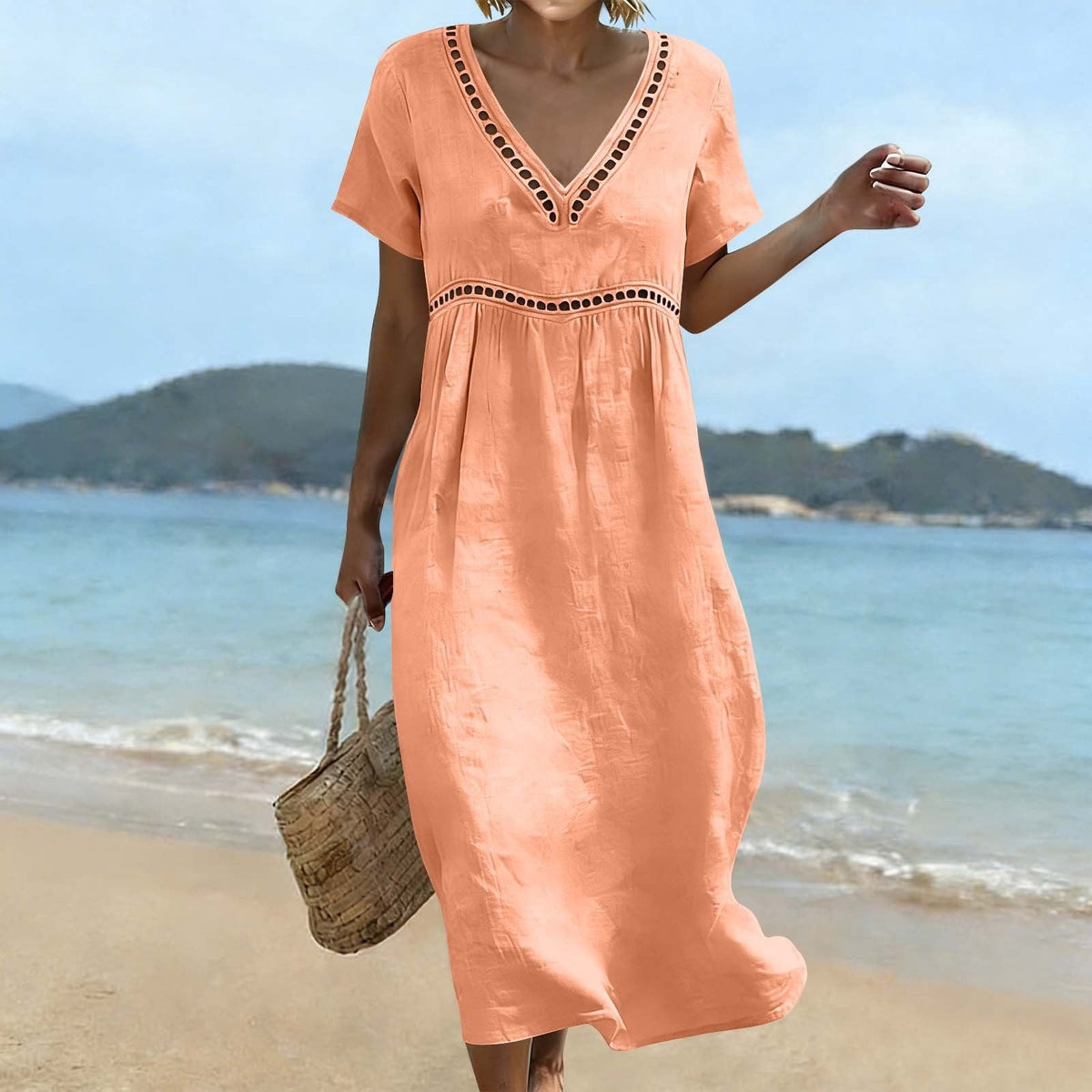 thumbnail image 2 of Women's Elegant V-Neck Short Sleeve Lace Dress Solid Color Casual A-Line Summer Dress for Everyday Wear, 2 of 6