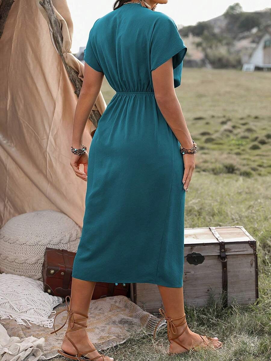 thumbnail image 2 of Plus Size Teal Blue Wrap Dress With Tie Waist And Side Slit, 2 of 5